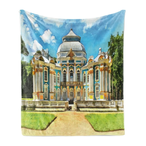 Russian Soft Flannel Fleece Throw Blanket, Hermitage Catherine Park Tsarskoye Selo St. Petersburg Drawing, Cozy Plush for Indoor and Outdoor Use, 50" x 70", Sky Blue Yellow Green, by Ambesonne