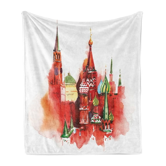 Russian Soft Flannel Fleece Throw Blanket, Watercolor Look Painting of Red Square, Cozy Plush for Indoor and Outdoor Use, 50" x 70", Burnt Sienna White, by Ambesonne