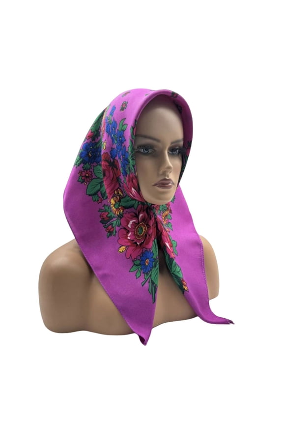 Russian Style Floral Print 70cm Square Scarf Headwrap for Women