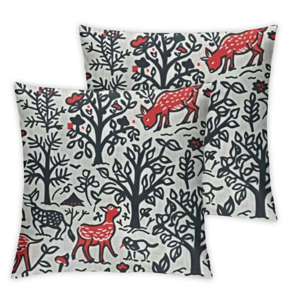 Russian Throw Pillow Cushion Case, Trees Reindeer Birds Peacock Old Slavic Forest Drawing Print, Decorative Square Accent Pillow Cover, Vermilion Charcoal Grey