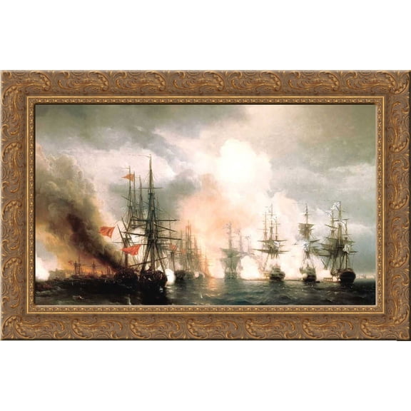 Russian Turkish Sea Battle of Sinop on 18th November 1853 24x19 Gold Ornate Wood Framed Canvas Art by Aivazovsky, Ivan