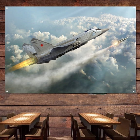 Russian mig-31 foxhound Fighter Jet Banner Wall Art - Aviation Military Artwork with Attack Aircraft Poster Wall Charts - Print Art Flag Tapestry For Room Bar Garage Man Cave Decor 38" x 57"