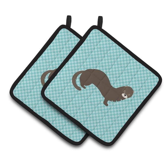Russian or European Mink Blue Check Pair of Pot Holders - Blue