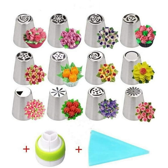 Russian piping nozzles, 14-piece cake decorating set, couplers and bags, professional baking accessories, cupcake icing tools (14 pieces)