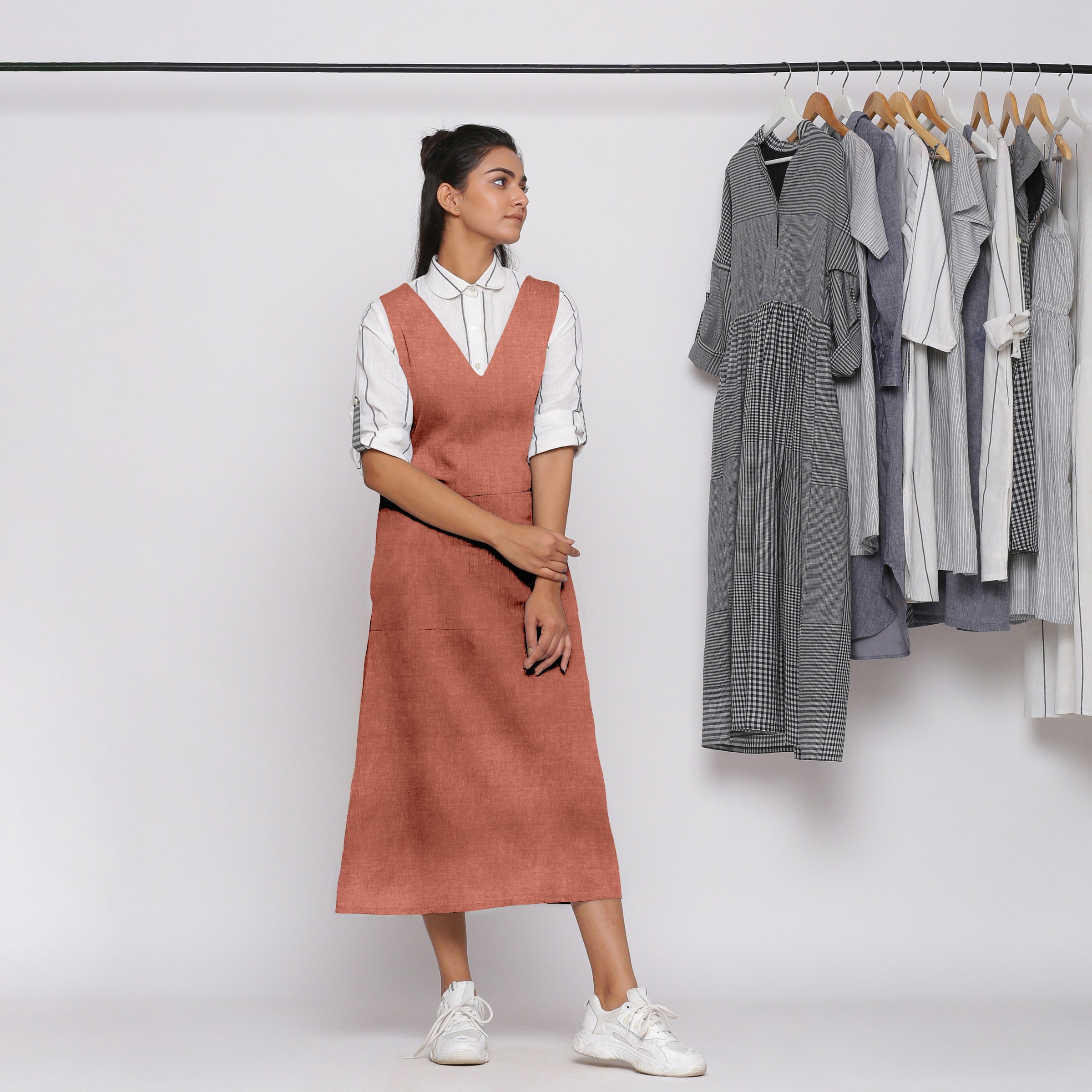 Rust 100% Linen V-Neck Midi Pinafore Dress - Walmart.com