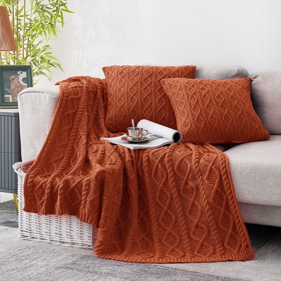 Rust 50 x 60 Inch Blanket & 18 x 18 Inch Pillow Cable Knit Throw Set for Couch Bed Travel