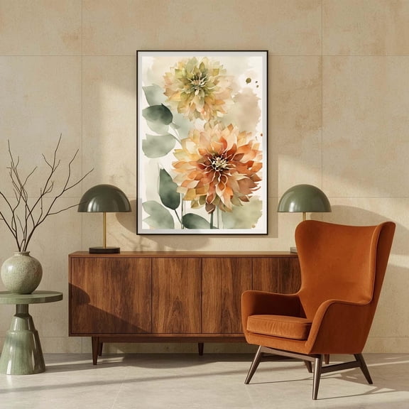 Rust And Sage Green Dahlias Print Floral Wall Art Flowers Botanical Giclee Home Decor Office Wall Art