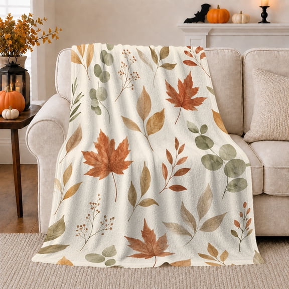 Rust Autumn Leaves Cream Botanical Print With Berries Realistic Seasonal Art Flannel Blanket Home Decor for Harvest Lovers Thanksgiving Gift Cozy Living Room Bedroom Lounge
