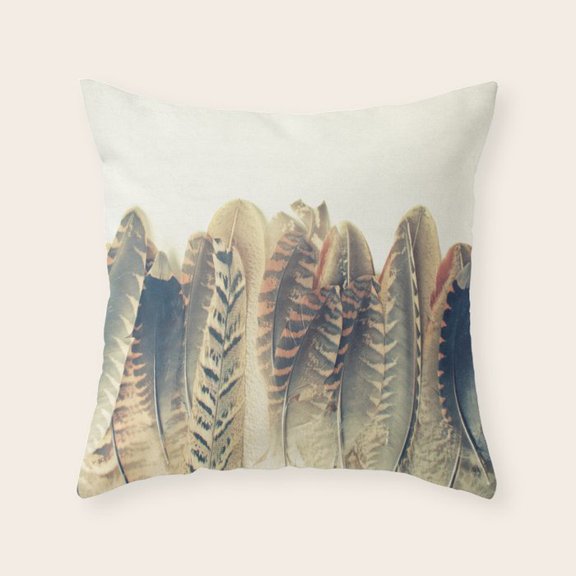 Rust, Beige and Slate Blue Feather Row Throw Pillow Cover, Polyester Velvet, Living Room Decor, Cover Only, Insert Not Included