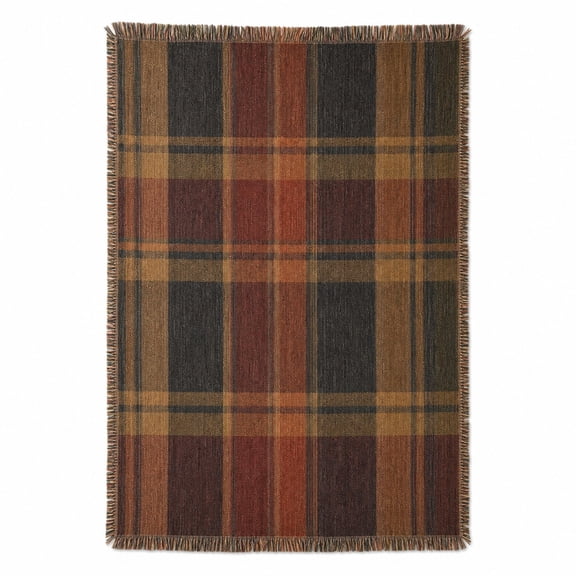 Rust, Black and Brown Plaid Woven Throw Blanket, Cotton with Fringed Edges, Rustic, Couch and Bed Home Decor