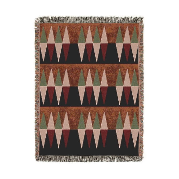 Rust Black and Olive Geometric Triangle Woven Throw Blanket, 100% Cotton, Mid-Century Style for Living Room