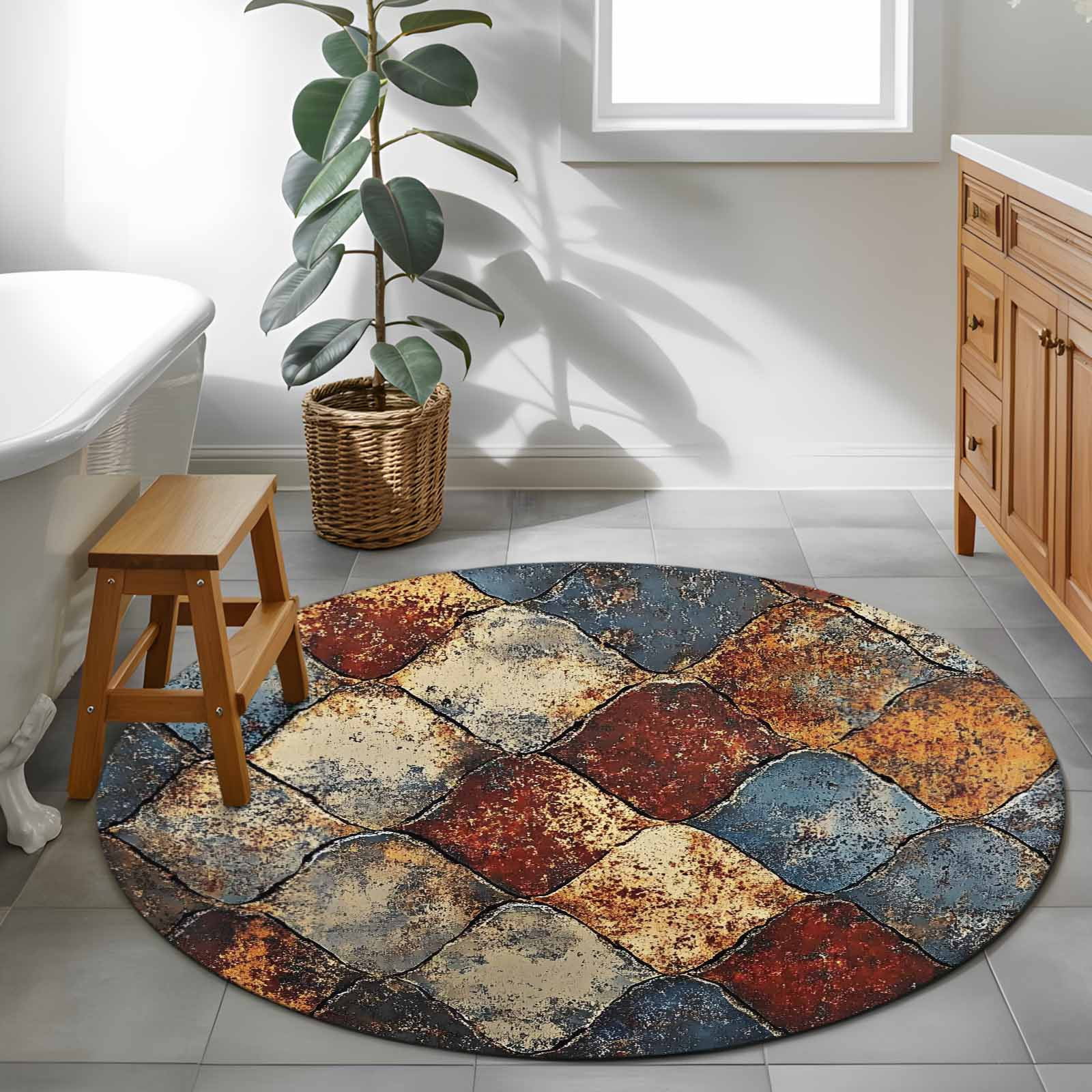 Round Desk Chair Rug Rust Block 4ft Round Rug for Cozy Reading Nook Home Office Chair Area ...