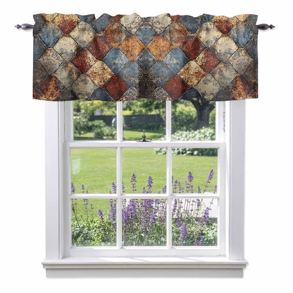 Rust Block Valances for Windows, Blue Brown Mottled Texture Distressed Vintage Valance Window Treatment Rod Pocket Short Curtains Valances for Kitchen Bathroom 42"W x 12"L