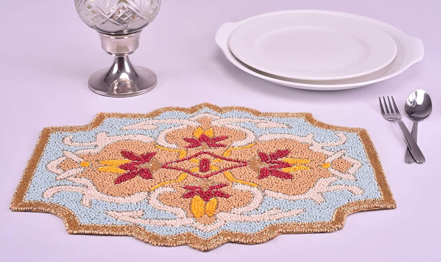 Rust Blue Beaded Placemats for Fall Autumn Thanksgiving Dining Table