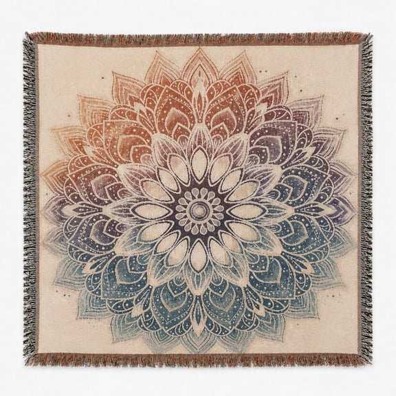 Rust Blue Floral Mandala Woven Throw Blanket, 100% Cotton, Bohemian Style for Living Room or Bedroom
