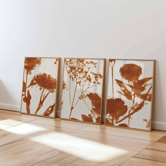 Rust Botanical Minimalist Terracotta Flower Silhouette Modern Nature Living Room Decor Set 3 Stretched Canvas 16x24