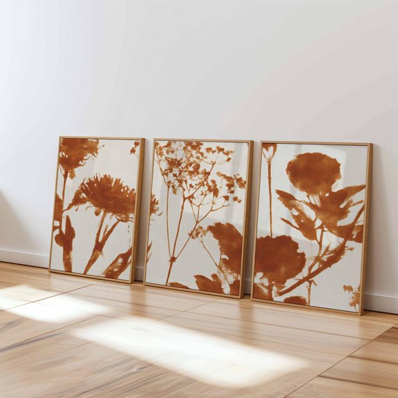 Rust Botanical Wall Art Minimalist Terracotta Flower Silhouette Modern Nature Set 3 Stretched Canvas 16x24