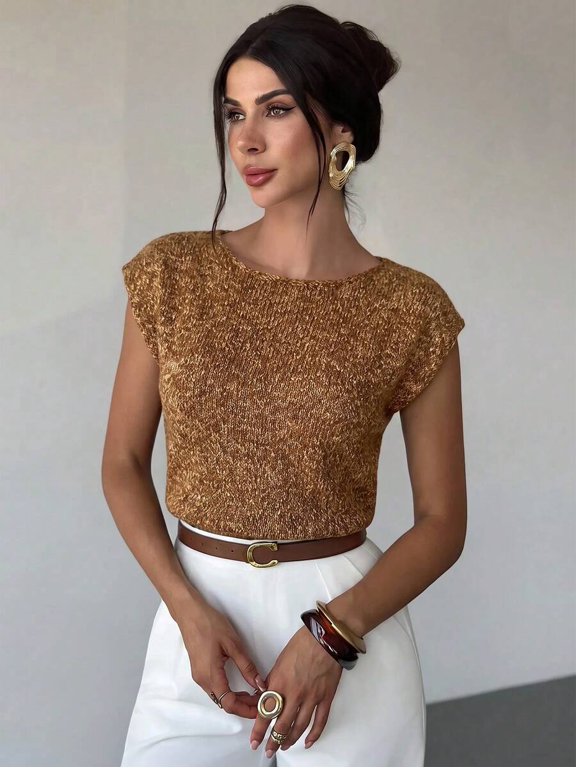 Rust Brown Elegant Loose Casual Versatile Sleeveless Knit Sweater Vest