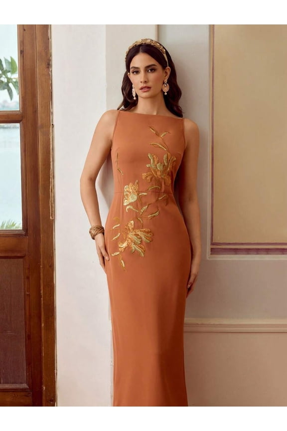 Rust Brown Floral Embroidered Sheath Midi Dress With Square Neckline