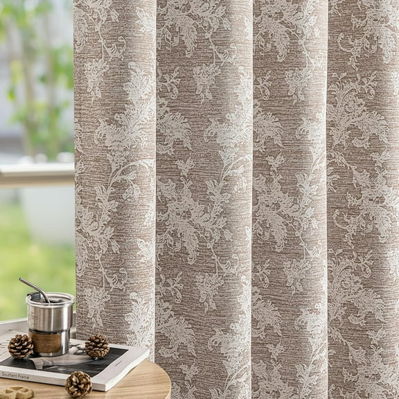 Rust Brown Floral Jacquard Blackout Curtains, 90 Inches Long, Scroll Flower Chenille Farmhouse, Thermal Insulated Grommet Top, 2 Panels, for Bedroom and Living Room