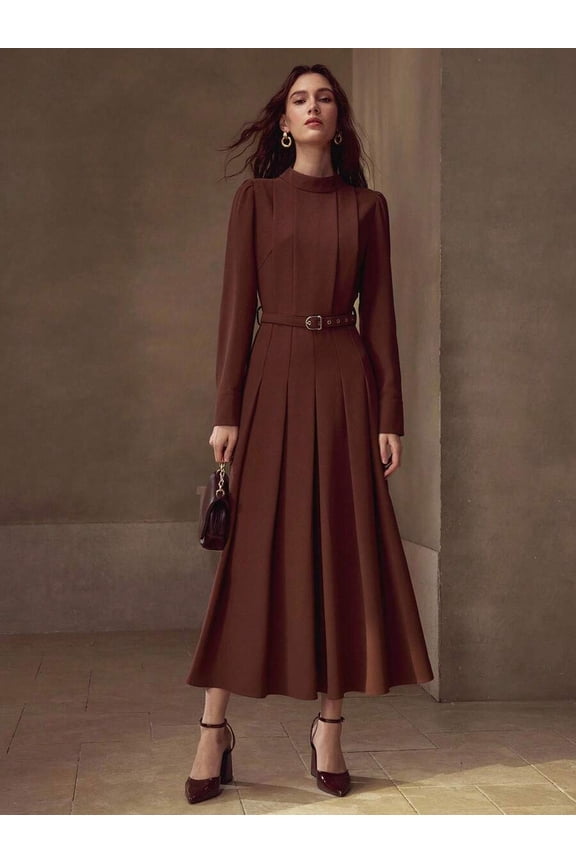 Rust Brown High-Neck Pleated Midi Dress With Belted Waist And Long Sleeves