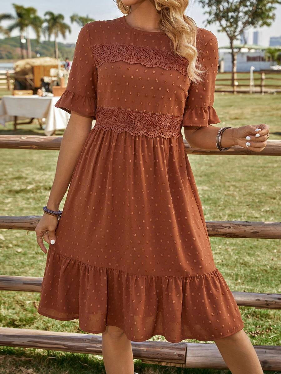 brown a line midi dress Garvee Women's A-Line Swiss Dot Crew Neck Short Flutter Sleeve Tiered Skirt Swing Dress Ruffle Hem Casual Summer Wear,Orange Plaid