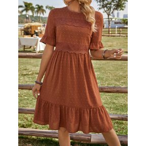 Rust Brown Lace-Trimmed Ruffle Sleeve A-Line Midi Dress For Women