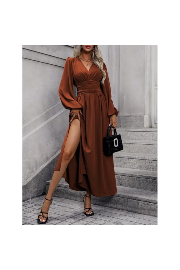 Rust Brown Lantern Sleeve Ruched Waist High-Slit Maxi Wrap Dress For Women
