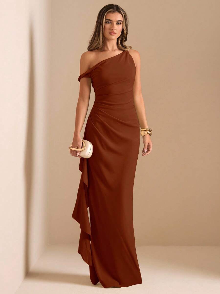 rust asymmetrical dress Brown One Shoulder Ruched Wrap Maxi With Ruffle Hem SYMP Aureia Elegant Brown Elastic Size:18x24 plush velvet shapes this