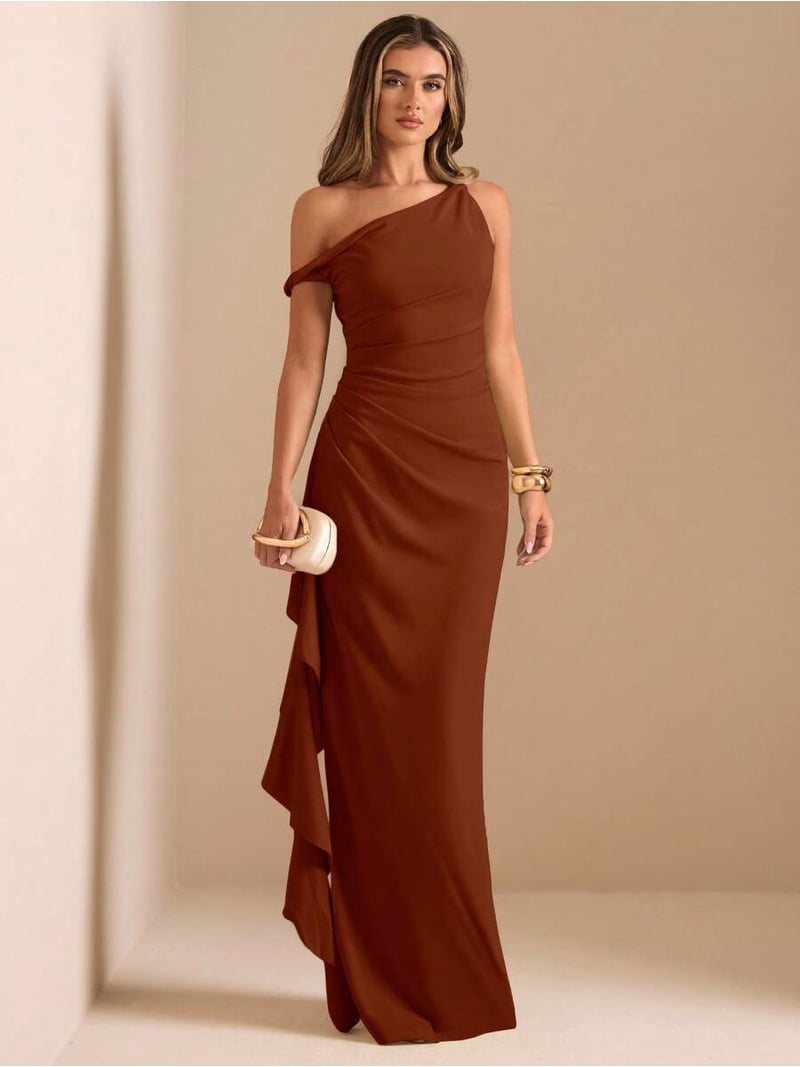 rust asymmetrical dress Baltic Born Womens Tatiana Velvet One Shoulder Maxi Dress | Rust