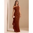 thumbnail image 1 of Rust Brown One Shoulder Ruched Wrap Maxi Dress With Asymmetrical Ruffle Hem, 1 of 7