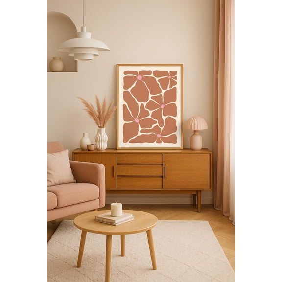 Rust Brown And Pink Flower Wall Art Print, Mid Century Modern Floral Print, Abstract Boho Decor, Retro Brown Artwork Home Decor #3720, Stretched Canvas Size 16x24