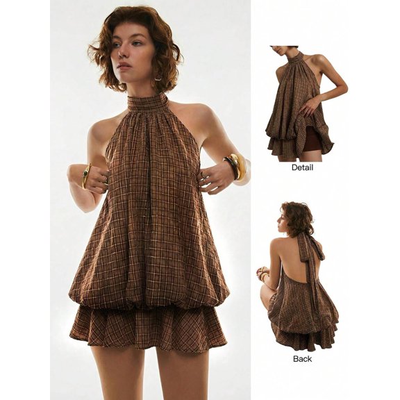 Rust Brown Plaid Halter Mini Dress With Built-In Shorts Open Back Tie Ruffle Hem Boho Summer Vacation Dress
