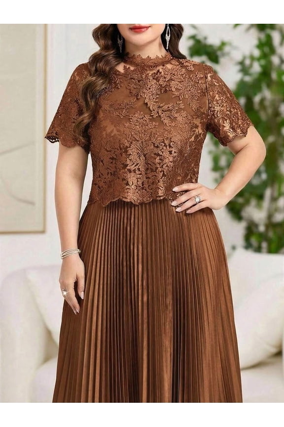 Rust Brown Plus Size Lace Top Pleated Maxi Dress With Short Sleeves