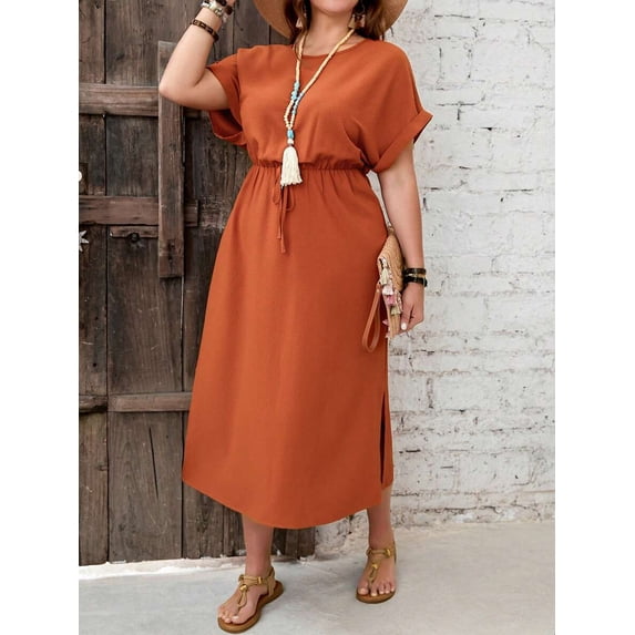 Rust Brown Plus Size Summer Dress With Short Sleeves, Waist Tie, And Side Slit