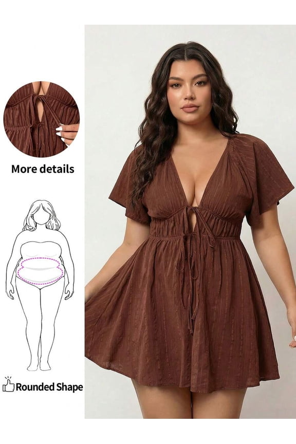 Rust Brown Plus Size V-Neck Tie-Waist Textured Flutter Sleeve A-Line Dress