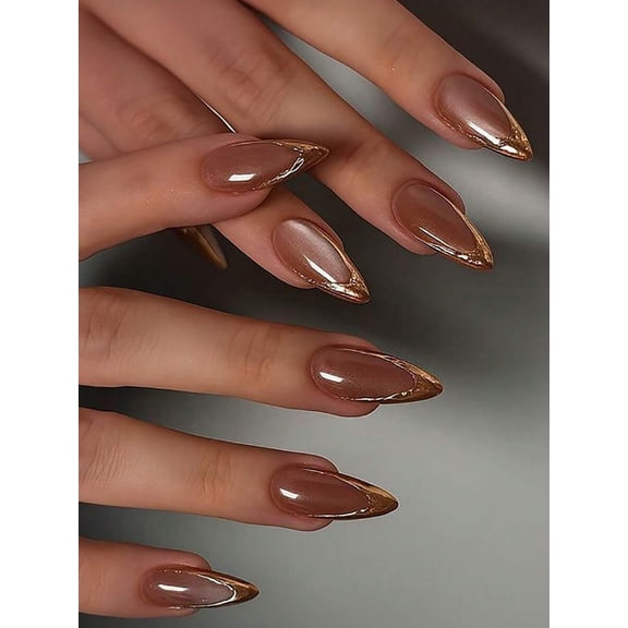 Rust Brown Press-On Nails, Medium Almond Shape, Metallic French Tip, 24