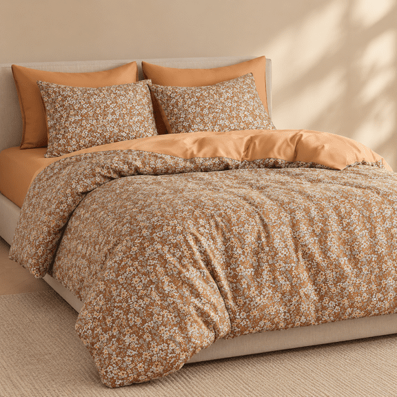 Rust Brown Queen Size 3 Piece Floral Aesthetic Soft Lightweight Comforter Bedding Set