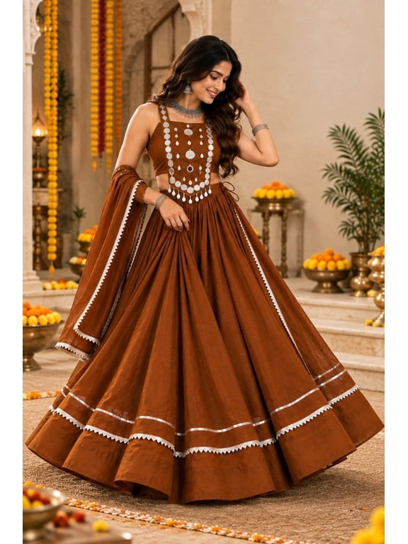 Rust Brown Roman Silk Lehenga Choli for Women, Ready to Wear Stitched Lehenga with Stitched Blouse, Gota Lace Work, Navratri Garba Chaniya Choli Party Wear