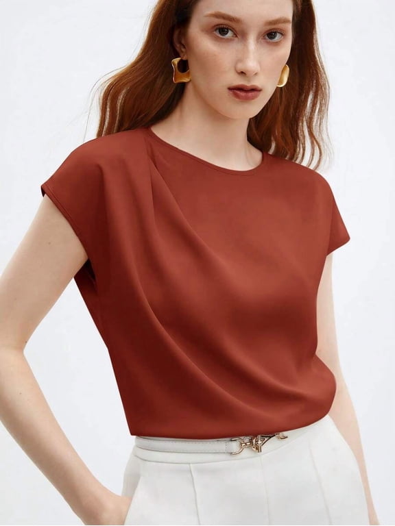 Rust Brown Round Neck Cap Sleeve Loose Blouse For Women