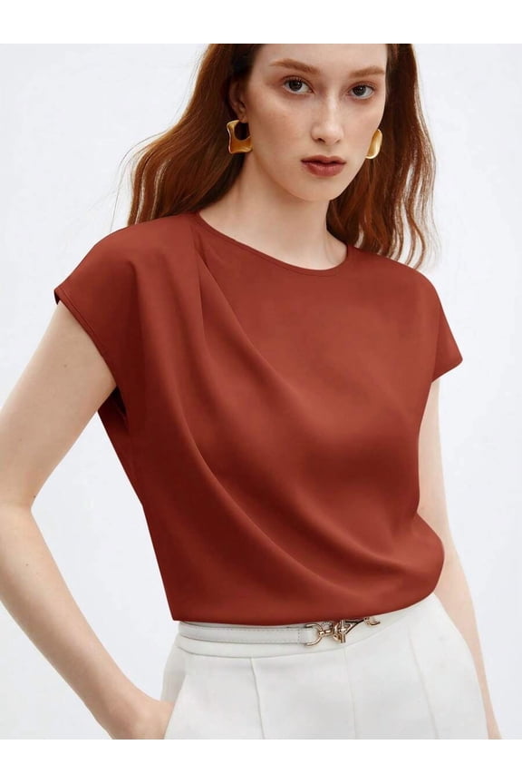 Rust Brown Round Neck Cap Sleeve Loose Blouse For Women