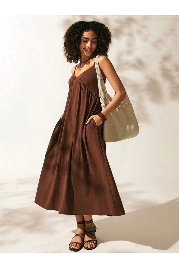 Rust Brown Ruched V-Neck Midi Slip Dress For Women, Flowy Summer Casual Dress With Pockets