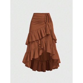 Rust Brown Ruffled High-Low Skirt With Drawstring Waist, Tiered Asymmetrical Midi