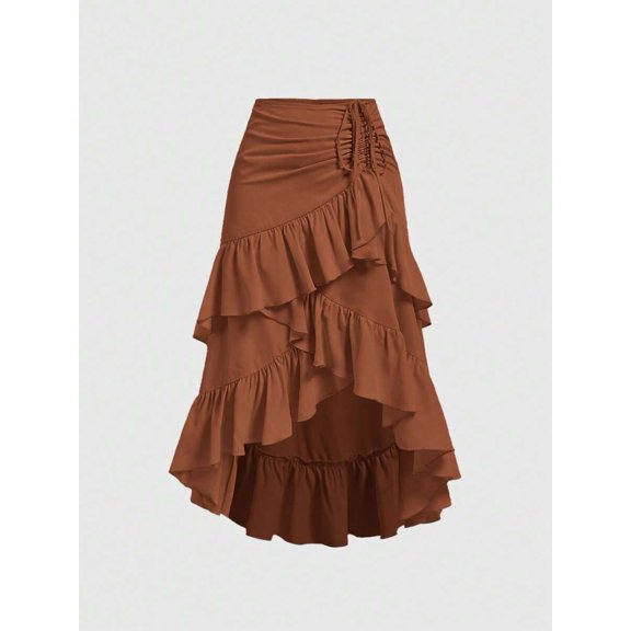 Rust Brown Ruffled High-Low Skirt With Drawstring Waist, Tiered Asymmetrical Midi
