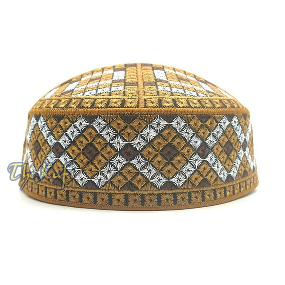 Rust Brown, Silver, Dark Brown Intricately Embroidered Rigid Round Pakistani-Style Kufi Hat