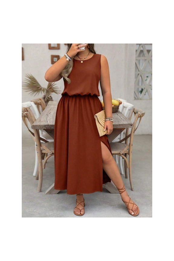 Rust Brown Sleeveless Round Neck Solid Maxi Dress With Side Slit And Cinched Waist