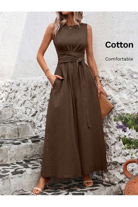Rust Brown Sleeveless Tie Waist A-Line Maxi Dress For Women Comfortable Cotton Vacation Dress