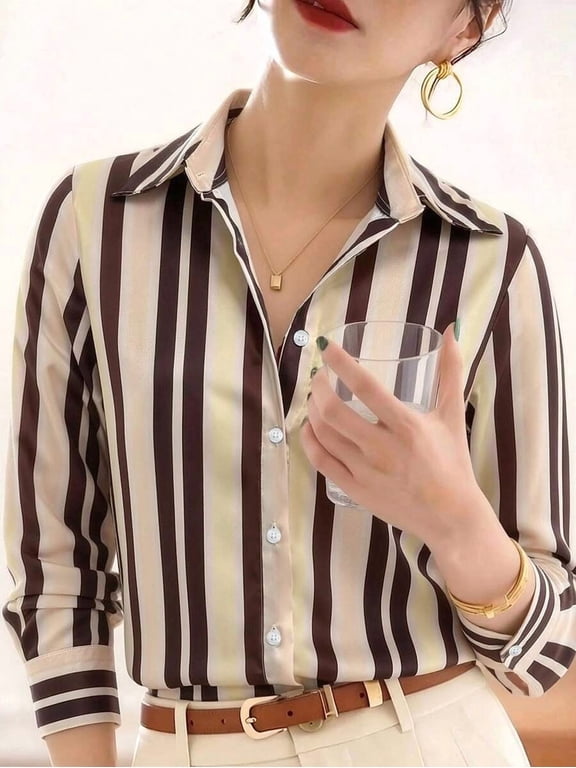 Rust Brown Striped Button-Up Long Sleeve Blouse Casual Loose Fit Shirt
