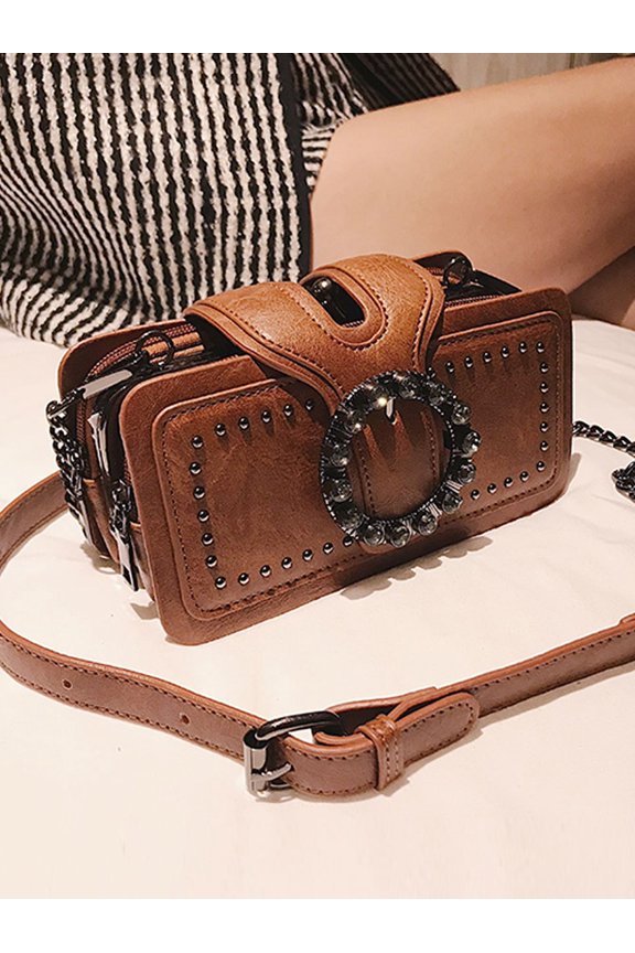 Rust Brown Studded Rhinestone Square Crossbody Bag With Chain Strap