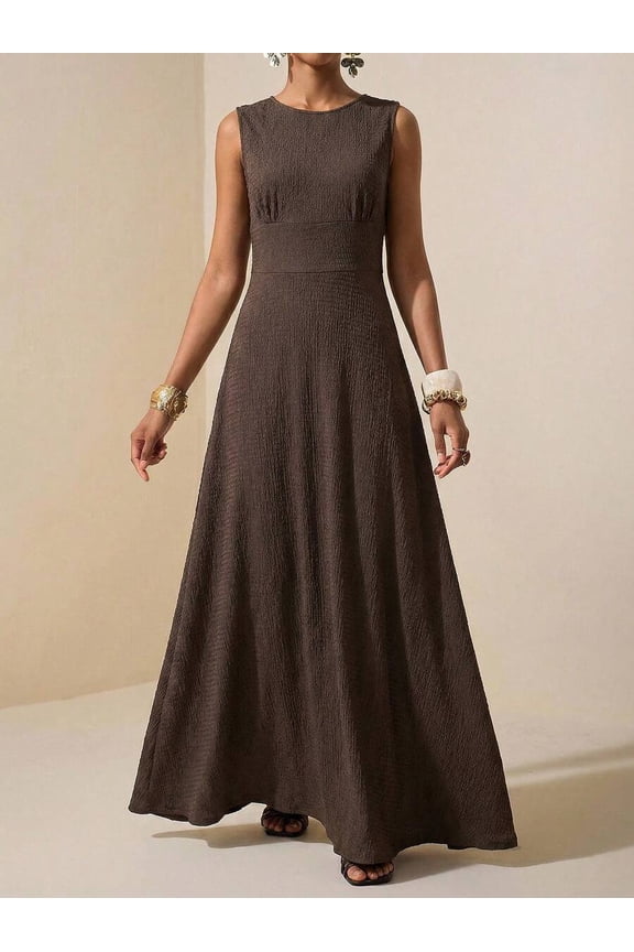 Rust Brown Textured Sleeveless A-Line Maxi Dress For Summer Festival, Vacation, Beach, Street Style